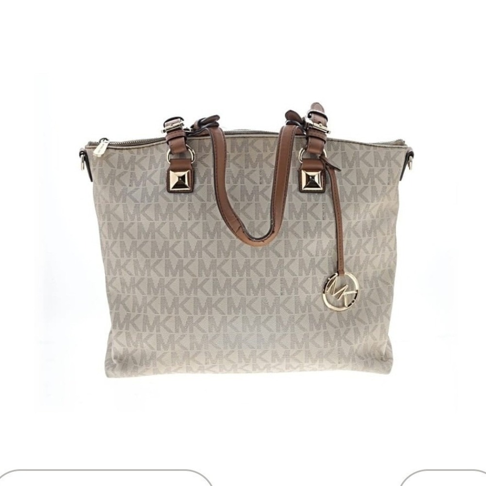 Michael Kors Signature MK Monogram Tote Bag Beige Brown Leather Accents - Picture 3 of 5